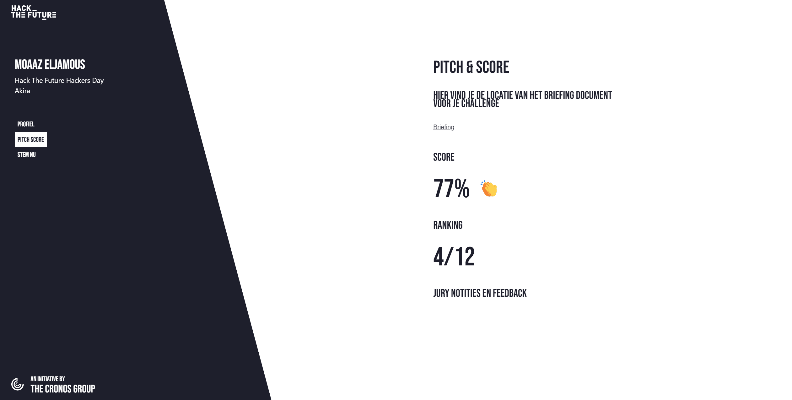 Hack The Future pitch & score · 77%, 4/12 ranking